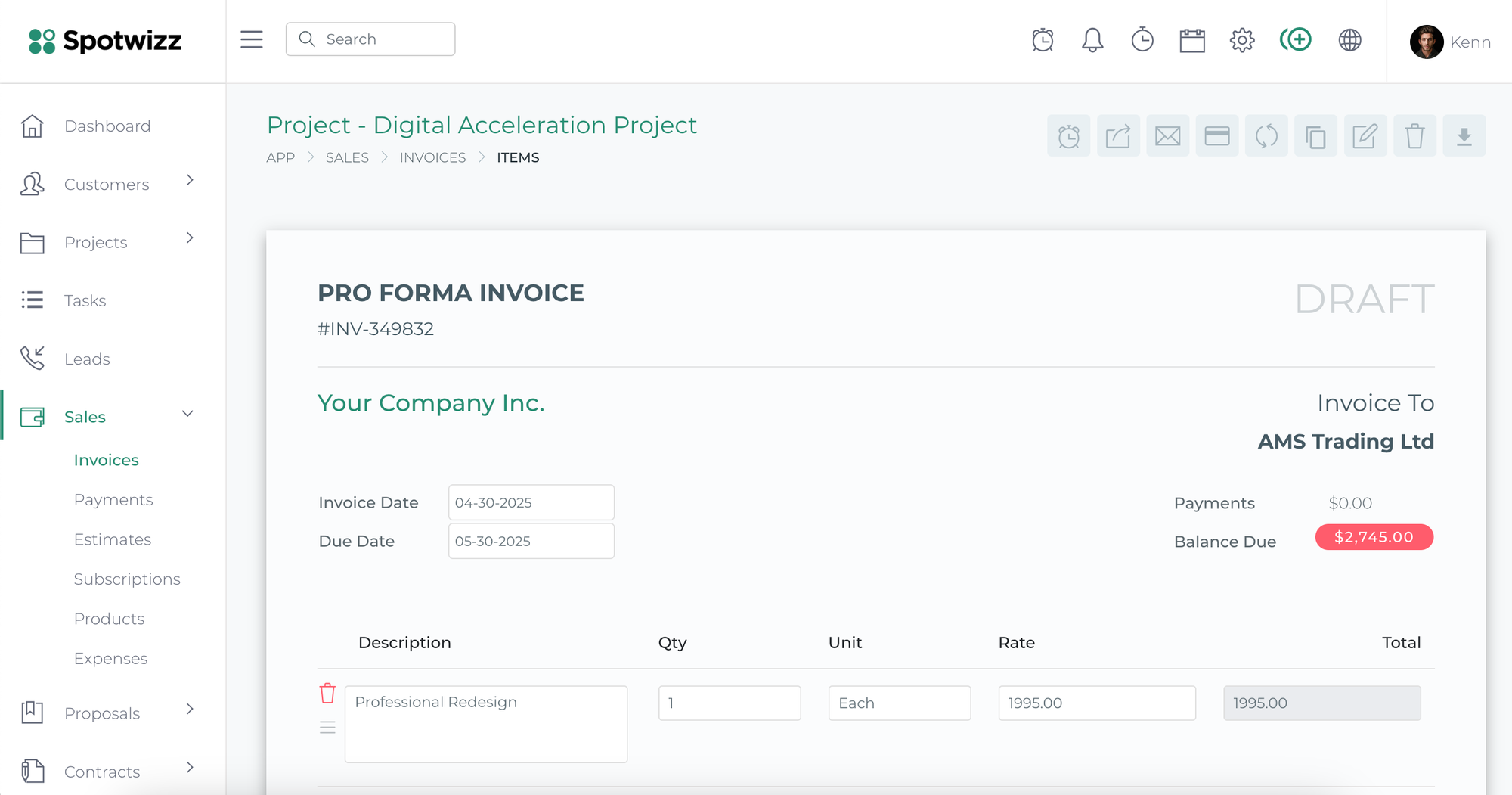 Spotwizz CRM invoice creation screen, showing a user-friendly interface for building a pro forma invoice with pre-configured services.
