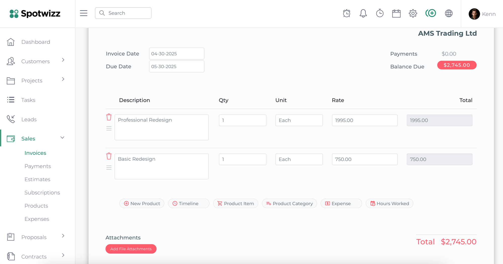 Step-by-step guide to creating a pro forma invoice in Spotwizz CRM, highlighting the template selection and client details entry.