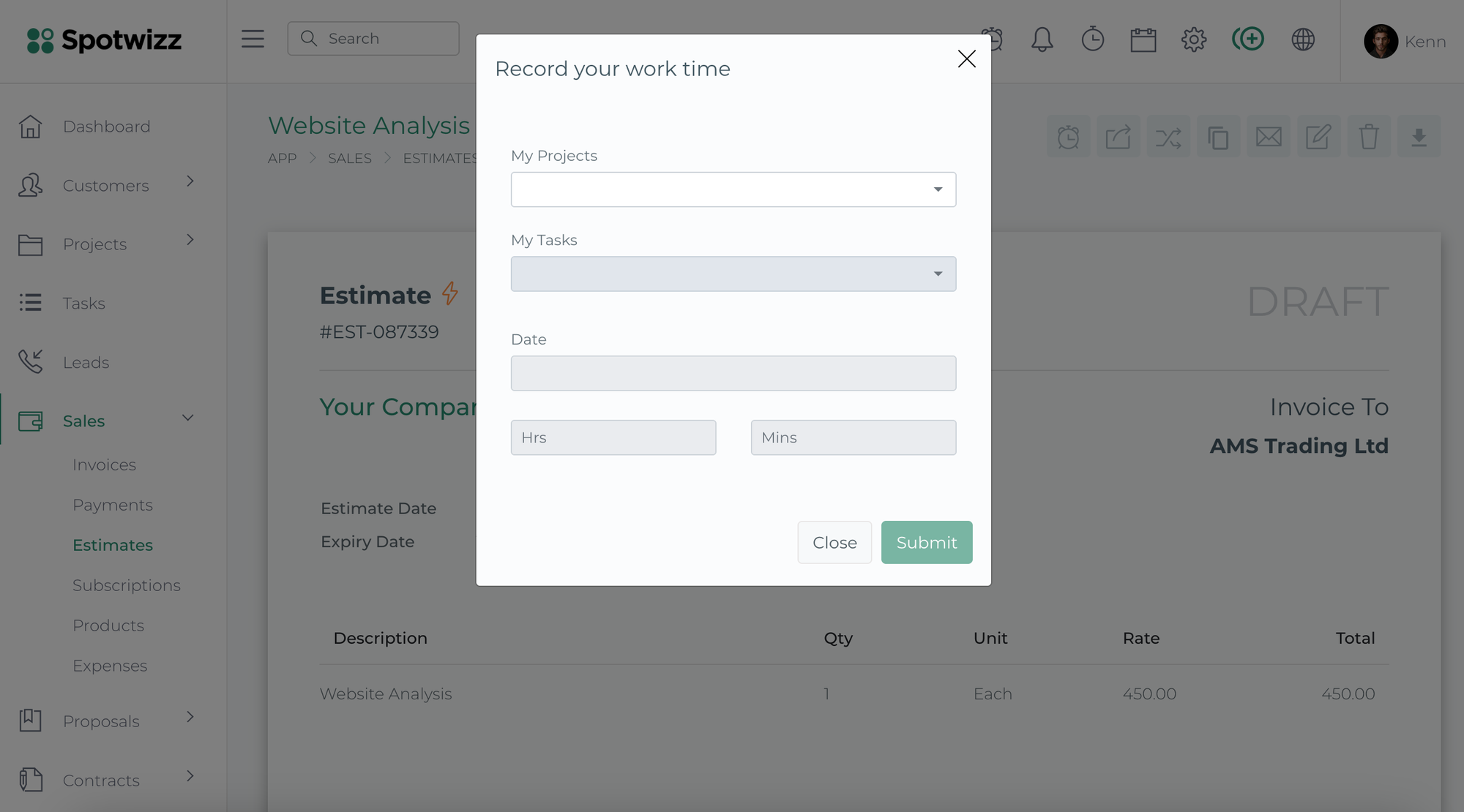 Spotwizz CRM time tracking interface showing task timers and logged hours for a digital marketing project